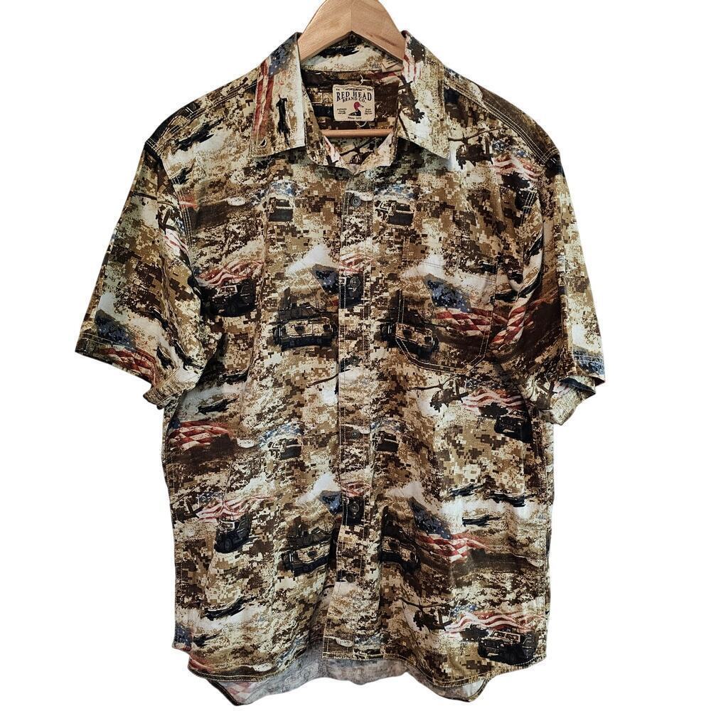 Red Head Button Up Shirt Mens Large Brown Camo USA Military Tanks Helicopters